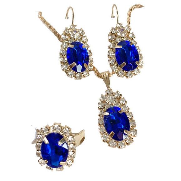 Blue Oval Jewelry SET Drop Earrings Necklace Adjustable Ring Gold NEW - Picture 2 of 10